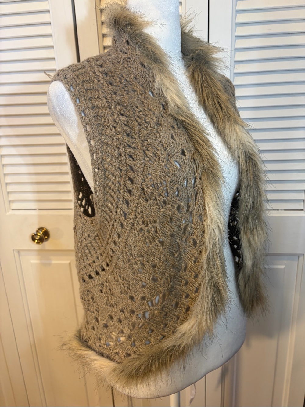 Knit Taupe Crochet Vest with Faux Fur Trim